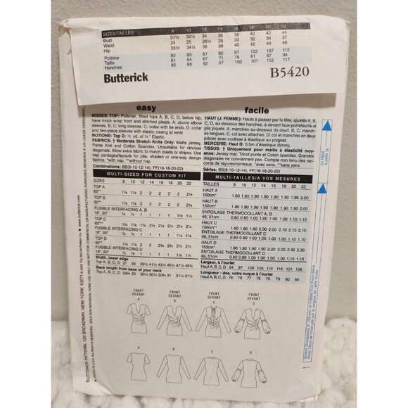 Butterick B5420 Sewing Pattern UNCUT Sizes 8–14 | Women’s Tunic Top - Picture 6 of 10